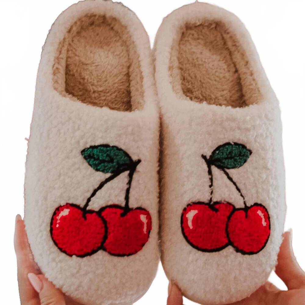 NEW KATYDID women's cherry stem fuzzy slippers in white